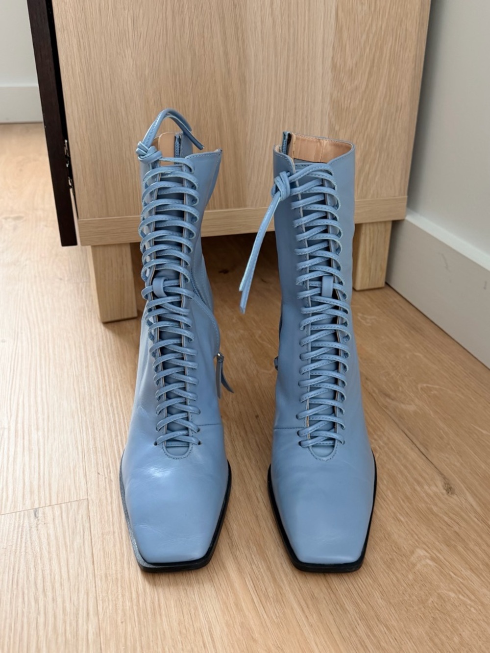 Zara Lace Up Leather Boots Sky Blue - 39